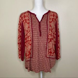 Lucky Brand Red And Gold Peasant Henley Top